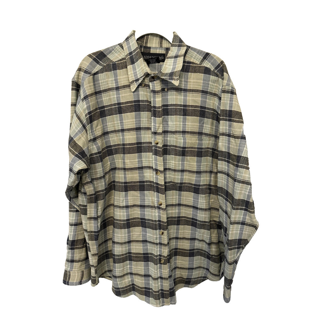 Addendum Shirt Mens Medium Beige‎ Blue Plaid Button Up Long Sleeve Cotton Casual